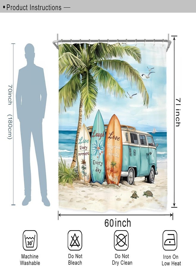 Miyotaa Coastal Beach Palm Surfboard Shower Curtain Set 60Wx71H Inches Ocean Summer Tropical Scenery Hawaii Camping Waterproof Bathroom Curtain with 12 Hooks - Image 3